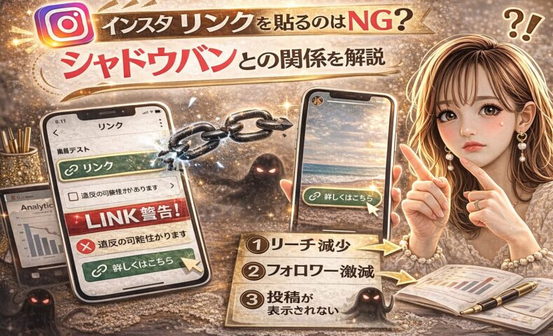 「インスタ リンクを貼るのはNG？シャドウバンとの関係を解説」と大きく表示されたアイキャッチ画像。ゴールドとダークトーンを基調に、リンク設定画面のスマートフォン、警告マーク、壊れたチェーン、シャドウバンを示す黒い影のシルエット、リーチ減少・フォロワー減少を示すテキストが配置されたインパクトのあるデザイン。