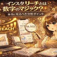 インスタ リーチとは数字のマジック？をテーマにしたアイキャッチ画像。金色の背景にグラフや分析データが表示され、女性が虫眼鏡でリーチ数を確認している。上昇グラフと「REACH」の文字が強調されているデザイン。