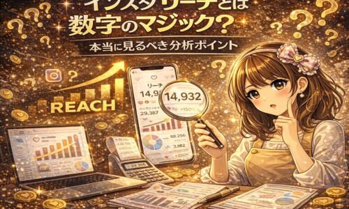 インスタ リーチとは数字のマジック？をテーマにしたアイキャッチ画像。金色の背景にグラフや分析データが表示され、女性が虫眼鏡でリーチ数を確認している。上昇グラフと「REACH」の文字が強調されているデザイン。