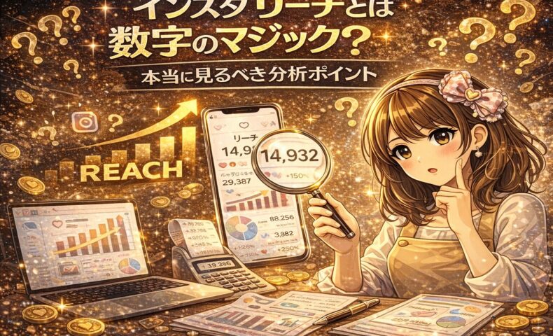 インスタ リーチとは数字のマジック？をテーマにしたアイキャッチ画像。金色の背景にグラフや分析データが表示され、女性が虫眼鏡でリーチ数を確認している。上昇グラフと「REACH」の文字が強調されているデザイン。