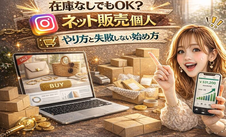 「在庫なしでもOK？ネット販売 個人 やり方と失敗しない始め方」と大きく表示されたアイキャッチ画像。ゴールド基調の背景に、ノートパソコンのネットショップ画面、積まれた段ボール、売上グラフを表示したスマートフォンが配置されている。女性が指を立てて解説している構図。