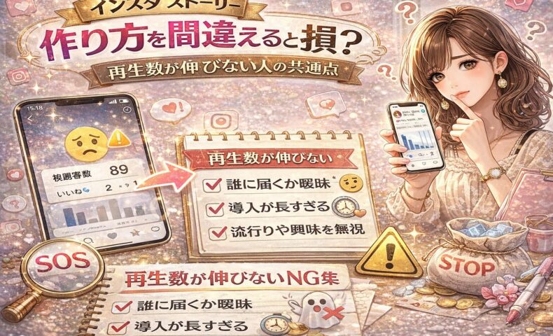 インスタストーリーの作り方ミスを解説するアイキャッチ画像。再生数が低いスマホ画面と警告マークが表示され、「作り方を間違えると損？」「再生数が伸びない人の共通点」と大きく書かれたデザイン。