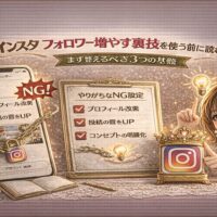 「インスタ フォロワー増やす裏技を使う前に読む記事｜まず整えるべき3つの基盤」と大きく表示されたアイキャッチ画像。ゴールド基調のデザインで、中央に「プロフィール改善・投稿の質をUP・コンセプトの明確化」と書かれたチェックボードがあり、左側には鎖でロックされたInstagram画面と「NG！」マークが表示されている。右側には電球アイコンと指差しポーズの女性イラストが配置され、基盤づくりの重要性を強調している。