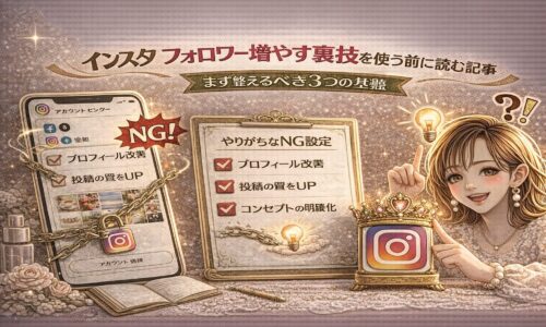 「インスタ フォロワー増やす裏技を使う前に読む記事｜まず整えるべき3つの基盤」と大きく表示されたアイキャッチ画像。ゴールド基調のデザインで、中央に「プロフィール改善・投稿の質をUP・コンセプトの明確化」と書かれたチェックボードがあり、左側には鎖でロックされたInstagram画面と「NG！」マークが表示されている。右側には電球アイコンと指差しポーズの女性イラストが配置され、基盤づくりの重要性を強調している。