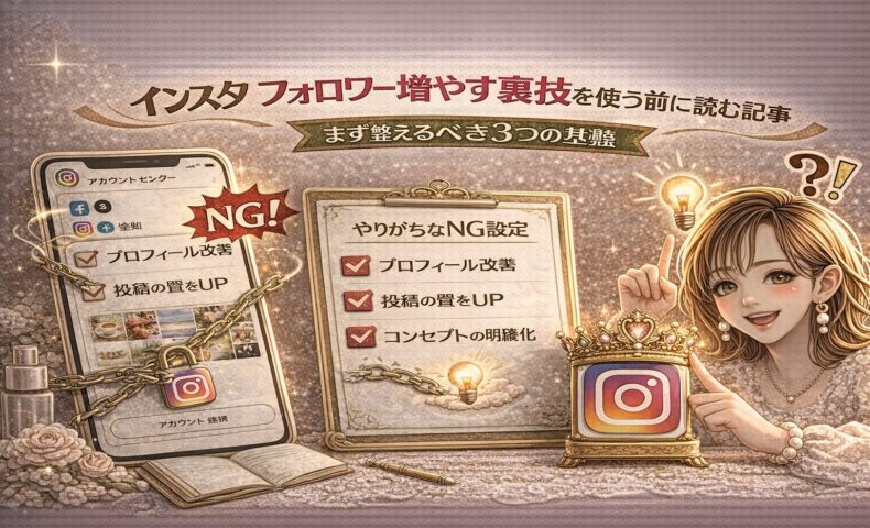 「インスタ フォロワー増やす裏技を使う前に読む記事｜まず整えるべき3つの基盤」と大きく表示されたアイキャッチ画像。ゴールド基調のデザインで、中央に「プロフィール改善・投稿の質をUP・コンセプトの明確化」と書かれたチェックボードがあり、左側には鎖でロックされたInstagram画面と「NG！」マークが表示されている。右側には電球アイコンと指差しポーズの女性イラストが配置され、基盤づくりの重要性を強調している。
