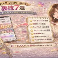 インスタフォロワー増やす裏技7選を紹介するアイキャッチ画像。スマホ画面に「+1,000」と表示され、チェックリスト形式で7つの施策が並び、女性がペンを持って解説しているデザイン。