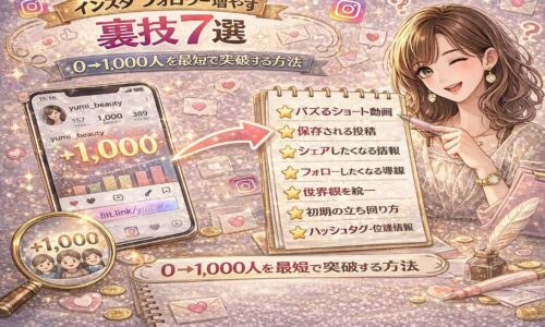 インスタフォロワー増やす裏技7選を紹介するアイキャッチ画像。スマホ画面に「+1,000」と表示され、チェックリスト形式で7つの施策が並び、女性がペンを持って解説しているデザイン。