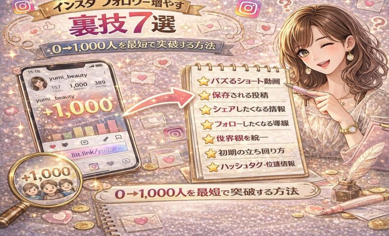 インスタフォロワー増やす裏技7選を紹介するアイキャッチ画像。スマホ画面に「+1,000」と表示され、チェックリスト形式で7つの施策が並び、女性がペンを持って解説しているデザイン。
