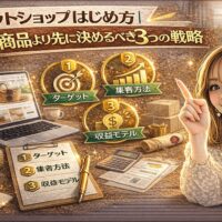 「ネットショップ はじめ方｜商品より先に決めるべき3つの戦略」と大きく表示されたアイキャッチ画像。ゴールド基調の背景に、ノートパソコンでネットショップ画面を開き、ターゲット・集客方法・収益モデルの3つのアイコン、チェックリスト、電卓、積まれた段ボール、スマートフォンを持つ女性が描かれている。