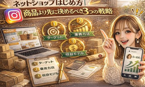 「ネットショップ はじめ方｜商品より先に決めるべき3つの戦略」と大きく表示されたアイキャッチ画像。ゴールド基調の背景に、ノートパソコンでネットショップ画面を開き、ターゲット・集客方法・収益モデルの3つのアイコン、チェックリスト、電卓、積まれた段ボール、スマートフォンを持つ女性が描かれている。