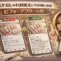 「インスタ おしゃれ投稿文をプロ目線で添削｜ビフォーアフター公開」と大きく表示されたアイキャッチ画像。ゴールド基調の背景に、Before・Afterと書かれた2つのスマートフォン投稿画面、添削ポイントのメモ、ペンを持つ女性が描かれている。