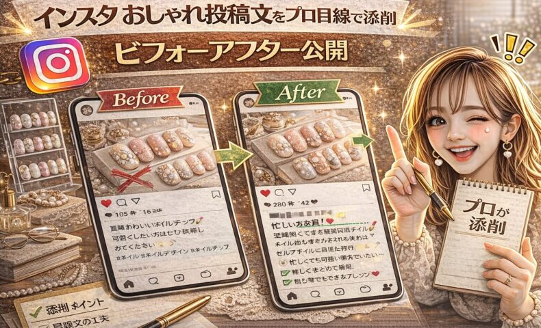 「インスタ おしゃれ投稿文をプロ目線で添削｜ビフォーアフター公開」と大きく表示されたアイキャッチ画像。ゴールド基調の背景に、Before・Afterと書かれた2つのスマートフォン投稿画面、添削ポイントのメモ、ペンを持つ女性が描かれている。