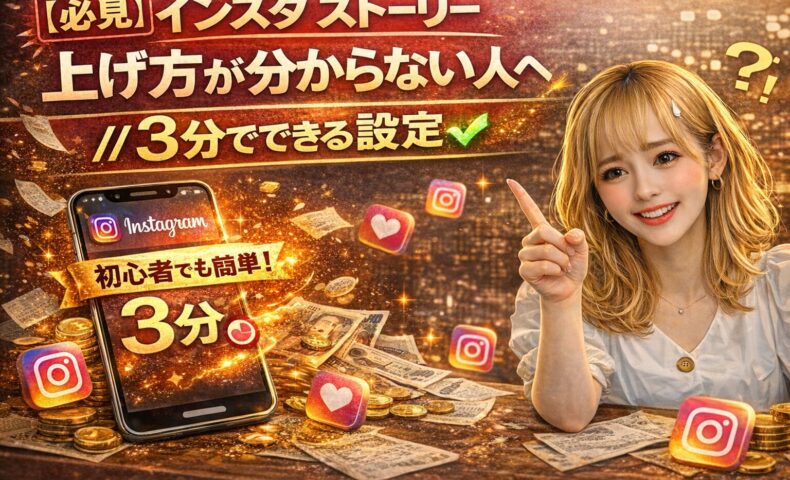 インスタストーリーの上げ方が分からない人向けに、3分でできる設定方法を解説するアイキャッチ画像。スマートフォン画面にInstagramロゴが表示され、女性が指を指しながら解説している。金色のエフェクトと光の演出でインパクトのあるデザイン。