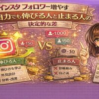 インスタ フォロワー増やす 自力でも伸びる人と止まる人の決定的な差をテーマに、Instagramアイコンとフォロワー増加の矢印、伸びる人と止まる人の比較構図を描いた戦略系アイキャッチ画像