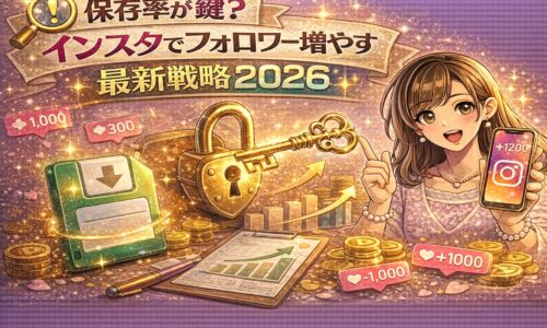 保存率が鍵と強調されたインスタフォロワー増加の2026年最新戦略をテーマに、金色の鍵と南京錠、保存アイコン、上昇グラフ、スマホ画面を持つ女性が描かれたキラキラしたアイキャッチ画像