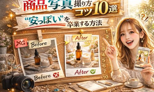 「商品 写真 撮り方のコツ10選｜“安っぽい”を卒業する方法」と大きく強調されたアイキャッチ画像。赤とゴールドを基調にしたインパクトのあるデザインで、ビフォーアフターの比較写真やカメラ・スマートフォン・コスメ商品が配置されている。女性が指を立てて解説している構図で、プロ級の仕上がりを連想させる演出。