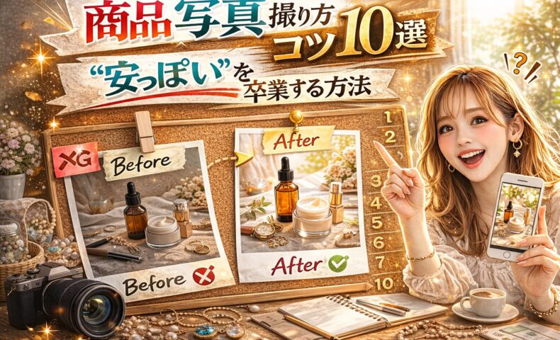 「商品 写真 撮り方のコツ10選｜“安っぽい”を卒業する方法」と大きく強調されたアイキャッチ画像。赤とゴールドを基調にしたインパクトのあるデザインで、ビフォーアフターの比較写真やカメラ・スマートフォン・コスメ商品が配置されている。女性が指を立てて解説している構図で、プロ級の仕上がりを連想させる演出。