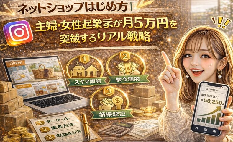 「ネットショップ はじめ方｜主婦・女性起業家が月5万円を突破するリアル戦略」と大きく表示されたアイキャッチ画像。ゴールド基調の背景に、ノートパソコンのネットショップ画面、段ボール箱、コイン、電卓、ターゲット・集客・収益モデルのアイコン、売上グラフを表示したスマートフォンを持つ女性が描かれている。