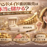 「ハンドメイド委託販売は本当に儲かる?初心者が知らないリアルな実態」と大きく表示されたアイキャッチ画像。ゴールド基調の背景に、ハンドメイドアクセサリー、売上を示すコインの山、電卓、手数料・セール値下げ・返品在庫などのキーワードが配置され、指差しポーズの女性が解説しているデザイン。