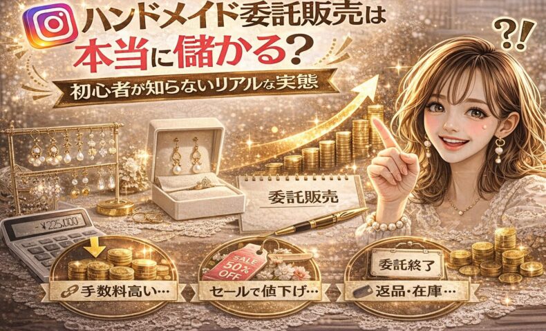 「ハンドメイド委託販売は本当に儲かる？初心者が知らないリアルな実態」と大きく表示されたアイキャッチ画像。ゴールド基調の背景に、ハンドメイドアクセサリー、売上を示すコインの山、電卓、手数料・セール値下げ・返品在庫などのキーワードが配置され、指差しポーズの女性が解説しているデザイン。