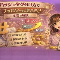 ハッシュタグ付け方でフォロワーは増えるのかをテーマに、ハッシュタグ記号と上昇矢印、フォロワー増加表示を背景に女性が本音解説しているインスタ戦略系アイキャッチ画像