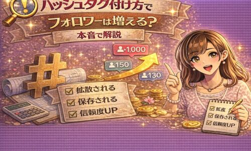 ハッシュタグ付け方でフォロワーは増えるのかをテーマに、ハッシュタグ記号と上昇矢印、フォロワー増加表示を背景に女性が本音解説しているインスタ戦略系アイキャッチ画像