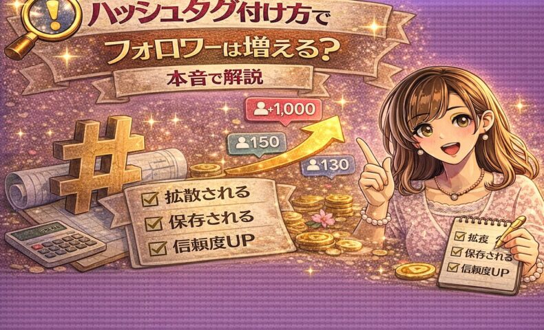 ハッシュタグ付け方でフォロワーは増えるのかをテーマに、ハッシュタグ記号と上昇矢印、フォロワー増加表示を背景に女性が本音解説しているインスタ戦略系アイキャッチ画像
