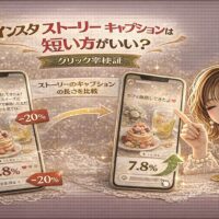 「インスタ ストーリー キャプションは短い方がいい？クリック率検証」と大きく表示されたアイキャッチ画像。ゴールド基調のデザインで、2台のスマホに表示されたストーリー投稿を比較。左は長文キャプションで「5.8％」「−20％」と赤い下向き矢印、右は短いキャプションで「7.8％」と緑の上向き矢印が表示されている。右側には指差しポーズの女性イラストとコインが配置され、成果の差を強調している。