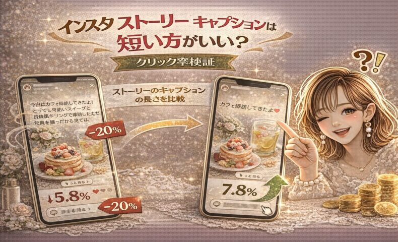 「インスタ ストーリー キャプションは短い方がいい？クリック率検証」と大きく表示されたアイキャッチ画像。ゴールド基調のデザインで、2台のスマホに表示されたストーリー投稿を比較。左は長文キャプションで「5.8％」「−20％」と赤い下向き矢印、右は短いキャプションで「7.8％」と緑の上向き矢印が表示されている。右側には指差しポーズの女性イラストとコインが配置され、成果の差を強調している。