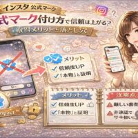 インスタ公式マーク付け方について解説するアイキャッチ画像。スマホ画面に青い認証バッジが表示され、メリット（信頼度UP・本物証明）と注意点（審査が厳しい・非承認リスク）が対比されているデザイン。