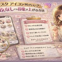 インスタアイコンの選び方を解説するアイキャッチ画像。ピンクとゴールド基調のデザインで、顔出しなしのアイコン例（後ろ姿・物撮り・イラスト・ペットなど）がスマホ画面に表示され、チェックリスト形式で「印象が上がる方法」がまとめられている。