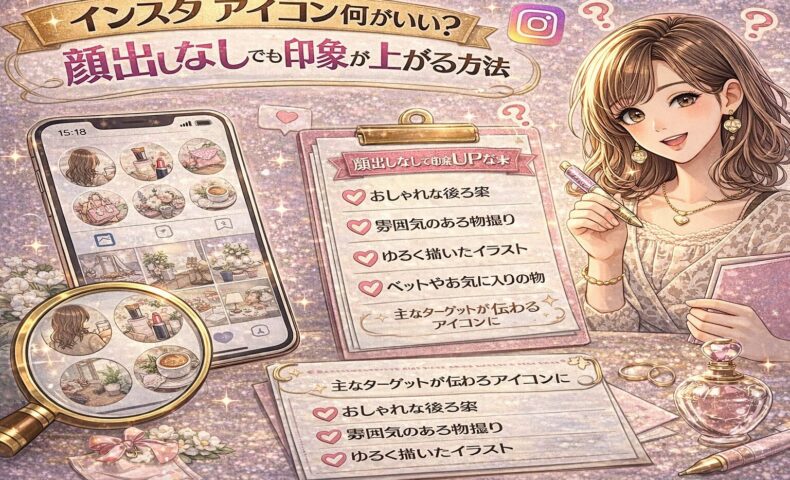 インスタアイコンの選び方を解説するアイキャッチ画像。ピンクとゴールド基調のデザインで、顔出しなしのアイコン例（後ろ姿・物撮り・イラスト・ペットなど）がスマホ画面に表示され、チェックリスト形式で「印象が上がる方法」がまとめられている。