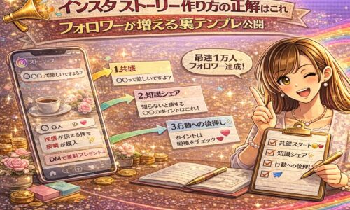 インスタ ストーリー作り方の正解とフォロワーが増える裏テンプレをテーマに、3ステップ構成とチェックリスト、スマホのストーリー画面を組み合わせた戦略解説型アイキャッチ画像