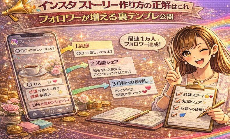 インスタ ストーリー作り方の正解とフォロワーが増える裏テンプレをテーマに、3ステップ構成とチェックリスト、スマホのストーリー画面を組み合わせた戦略解説型アイキャッチ画像