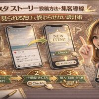 「インスタ ストーリー投稿方法＋集客導線｜見られるだけで終わらせない設計術」と大きく表示されたアイキャッチ画像。ゴールド基調の背景に、ストーリー投稿画面から商品紹介画面へ矢印でつながるスマートフォン表示、CTAボタン、購入・問い合わせアイコン、スマートフォンを持つ女性が描かれている。