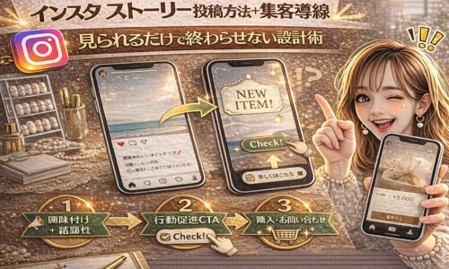 「インスタ ストーリー投稿方法＋集客導線｜見られるだけで終わらせない設計術」と大きく表示されたアイキャッチ画像。ゴールド基調の背景に、ストーリー投稿画面から商品紹介画面へ矢印でつながるスマートフォン表示、CTAボタン、購入・問い合わせアイコン、スマートフォンを持つ女性が描かれている。