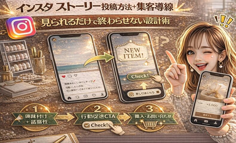 「インスタ ストーリー投稿方法＋集客導線｜見られるだけで終わらせない設計術」と大きく表示されたアイキャッチ画像。ゴールド基調の背景に、ストーリー投稿画面から商品紹介画面へ矢印でつながるスマートフォン表示、CTAボタン、購入・問い合わせアイコン、スマートフォンを持つ女性が描かれている。