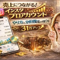 「売上につながる！インスタ プロアカウントやり方と分析機能の使い方」と大きく表示されたアイキャッチ画像。ゴールドを基調に、右肩上がりのグラフやコイン、Instagram画面の分析データが描かれている。驚いた表情の女性がスマートフォンを持ち、成長を示すグラフを指差しているデザイン。