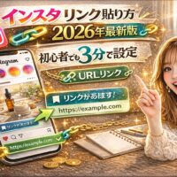 「インスタ リンク 貼り方2026年最新版｜初心者でも3分で設定」と大きく強調されたアイキャッチ画像。赤とゴールドを基調とした立体的な文字デザインで、スマートフォンにInstagram画面とURLリンク表示が描かれている。鎖やリンクアイコンが配置され、女性が指を立てて解説している構図。