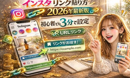 「インスタ リンク 貼り方2026年最新版｜初心者でも3分で設定」と大きく強調されたアイキャッチ画像。赤とゴールドを基調とした立体的な文字デザインで、スマートフォンにInstagram画面とURLリンク表示が描かれている。鎖やリンクアイコンが配置され、女性が指を立てて解説している構図。