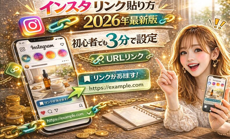 「インスタ リンク 貼り方2026年最新版｜初心者でも3分で設定」と大きく強調されたアイキャッチ画像。赤とゴールドを基調とした立体的な文字デザインで、スマートフォンにInstagram画面とURLリンク表示が描かれている。鎖やリンクアイコンが配置され、女性が指を立てて解説している構図。