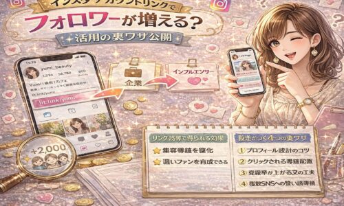 インスタアカウントリンク活用法を解説するアイキャッチ画像。スマホ画面にプロフィールリンク（lit.linkなど）が表示され、フォロワー増加や裏ワザを示すチェックリストが配置されたデザイン。