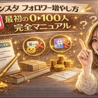 「インスタ フォロワー増やし方 最初の0→100人完全マニュアル」と大きく表示されたアイキャッチ画像。ゴールド基調の背景に、やることリストのノート、チェックマーク、×印付きハッシュタグアイコン、積まれたコイン、右肩上がりのグラフを表示したスマートフォンを持つ女性が描かれている。