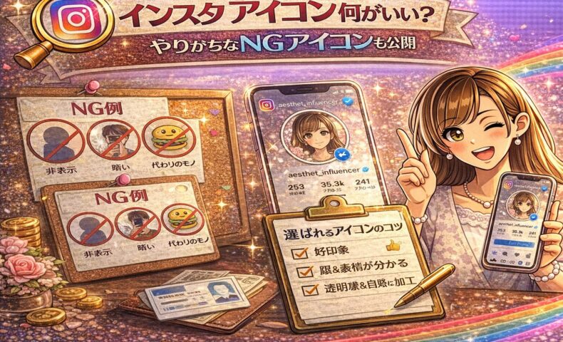 インスタ アイコン何がいいかを解説するアイキャッチ画像。スマホに表示されたプロフィール画面と好印象アイコン例、NG例（暗い・非表示・代用画像）を比較し、チェックリストで選び方のコツを示しているデザイン。