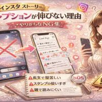 インスタストーリーのキャプションが伸びない理由を解説するアイキャッチ画像。スマホ画面に赤いバツ印が入り、NG例（長文・スタンプ使いすぎ・読みにくい文字）が表示され、女性がスマホを見ながら悩んでいるデザイン。