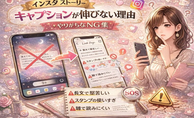 インスタストーリーのキャプションが伸びない理由を解説するアイキャッチ画像。スマホ画面に赤いバツ印が入り、NG例（長文・スタンプ使いすぎ・読みにくい文字）が表示され、女性がスマホを見ながら悩んでいるデザイン。