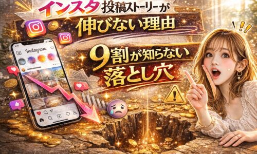 「インスタ投稿ストーリー設計術|保存される投稿の作り方」と大きく強調されたアイキャッチ画像。赤とゴールドを基調にした立体的な文字デザインで、スマートフォンにInstagram画面が表示されている。保存アイコンやチェックマークの演出が入り、女性が指を立てて解説している構図。