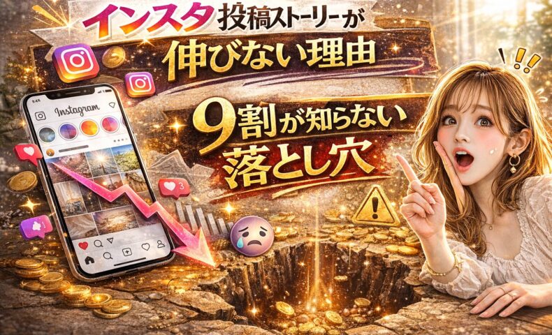 「インスタ投稿ストーリー設計術｜保存される投稿の作り方」と大きく強調されたアイキャッチ画像。赤とゴールドを基調にした立体的な文字デザインで、スマートフォンにInstagram画面が表示されている。保存アイコンやチェックマークの演出が入り、女性が指を立てて解説している構図。