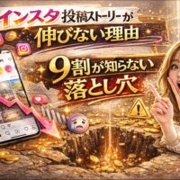 「インスタ投稿ストーリーが伸びない理由｜9割が知らない落とし穴」と大きく強調されたアイキャッチ画像。赤とゴールドを基調にしたインパクトのあるデザインで、スマートフォンに表示されたInstagram画面と下降グラフのアイコンが配置されている。驚いた表情の女性が指を差し、注意喚起をイメージさせる演出が入っている。