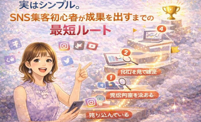 SNS集客初心者が成果を出すまでの最短ルートを、段階的なステップとイラストで解説した図